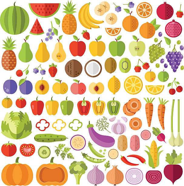 illustrations, cliparts, dessins animés et icônes de fruits et légumes icônes plates ensemble. icônes vectorielles, illustrations vectorielles - vegetable group of objects food healthy eating