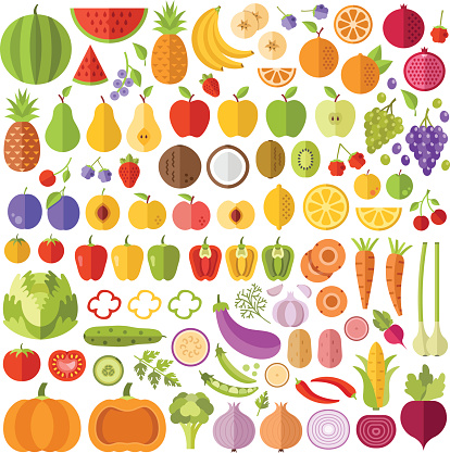 Fruits and vegetables flat icons set. Colorful flat design graphic elements collection for web sites, mobile apps, web banners, infographics, printed materials. Vector icons, vector illustrations