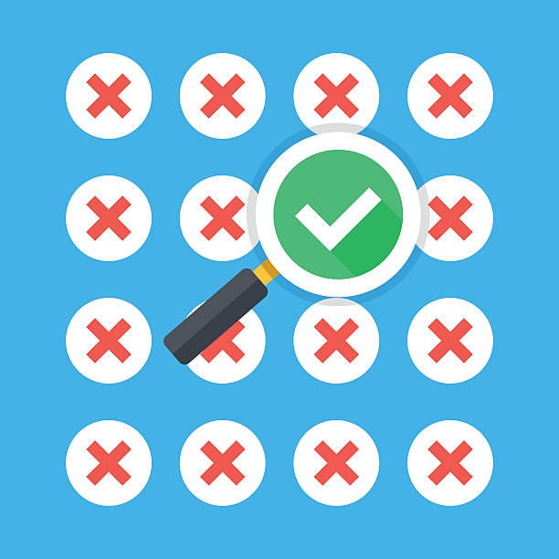 istock Magnifying glass with tick checkmark icon, many red crosses icons 621898982