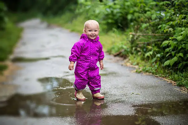 Photo of Little girl standing in a puddle