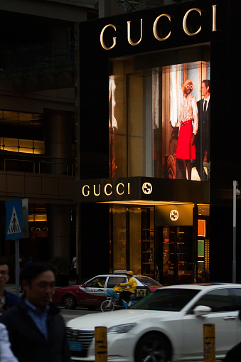 Shenzhen. China - November 9, 2016: Gucci store in Bao'an S Road, Shenzhen. Gucci is an Italian fashion and leather goods brand was founded by Guccio Gucci in Florence in 1921. Gucci has about 425 stores worldwide.