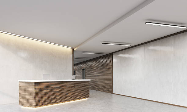 istock Close up of wooden reception counter 621901054