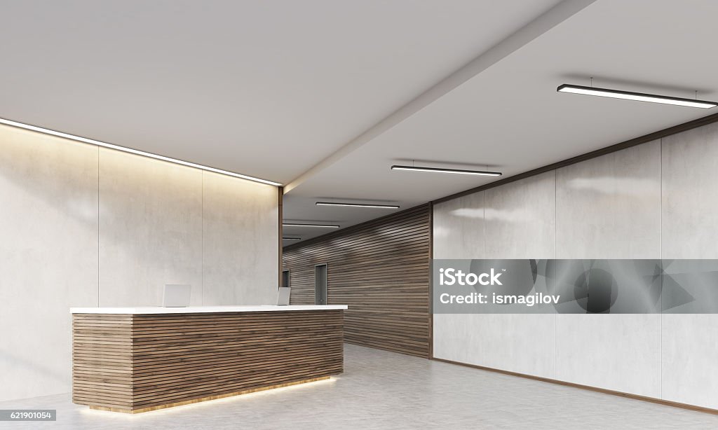 Close up of wooden reception counter Close up of wooden reception counter standing in modern establishment lobby with plastic and wood walls. Concept of minimalism. 3d rendering. Mock up. Hotel Reception Stock Photo