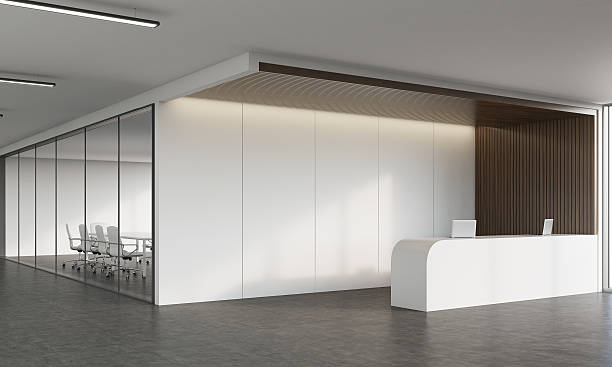istock Reception desk and meeting room in corridor 621901094