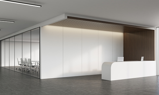 Office corridor with reception desk, laptops and long conference room with glass wall. Concept of office culture. 3d rendering. Mock up.