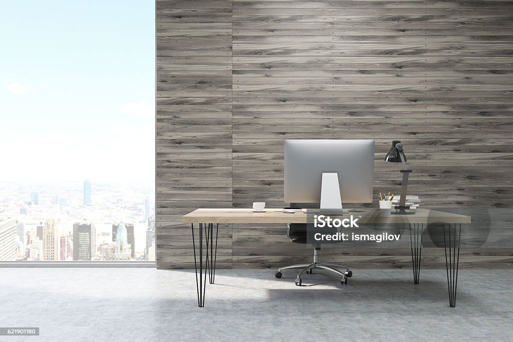 CEO working desk in office with wooden panels CEO office with wooden walls and large panoramic windows. Workstation is standing on the table. Concept of hard work. 3d rendering. Mock up. Office Stock Photo