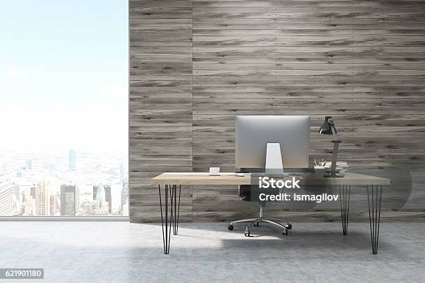 Ceo Working Desk In Office With Wooden Panels Stock Photo - Download Image Now - Office, Desk, CEO