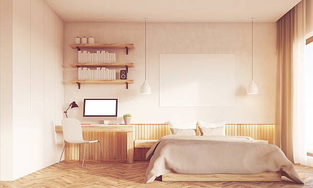 istock Front view of sunlit home office and master bedroom 621902954