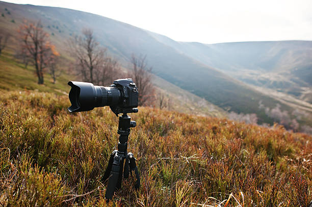 istock Modern professional dslr camera on a tripod, outdoor photography 621903122