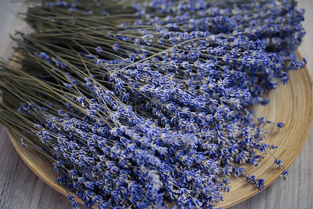 istock Lavender flower branches are on the wooden plate 621903678