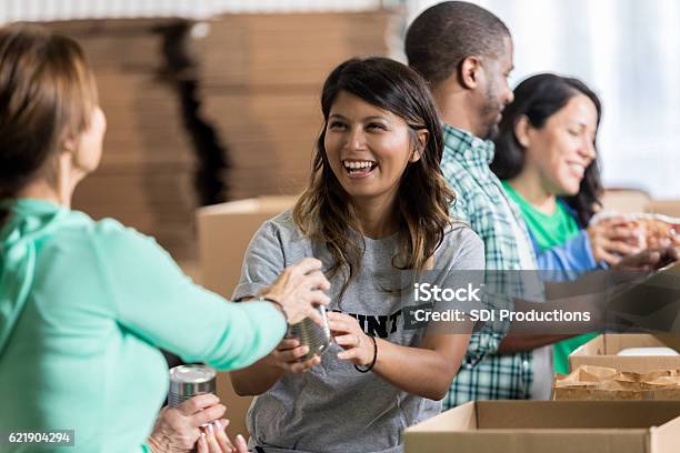 Volunteer Accepts Canned Food Donation At Food Drive Stock Photo - Download Image Now