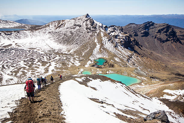 Hikers doing Tongariro crossing on a nice sunny day in Tongariro National Park, North Island, New Zealand.