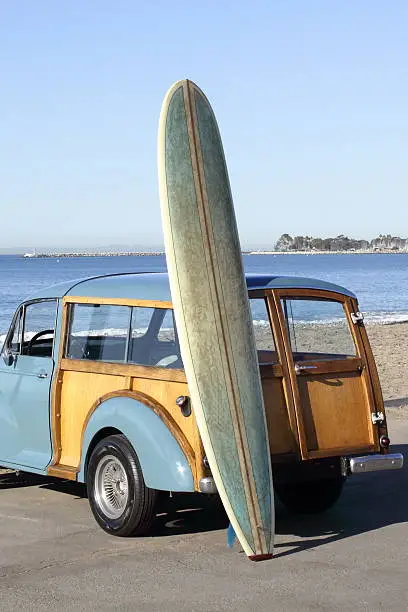A Morris Minor Traveller at Doheny State Beach, watching the waves.