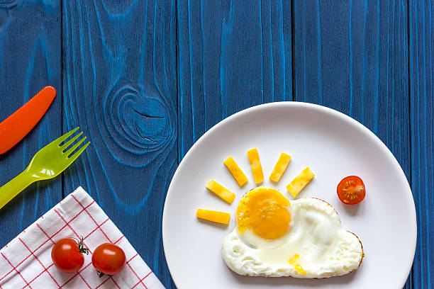 sunshine fried eggs breakfast for kid on blue background