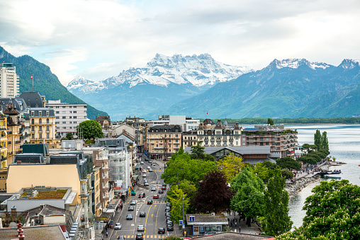 Montreux cityscape: lake Geneva and Alps