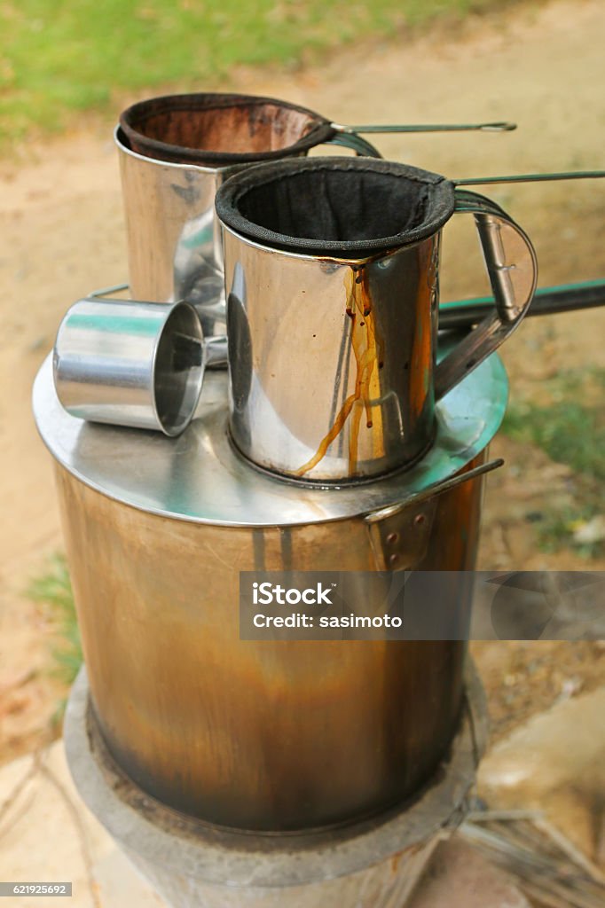 Hot Water Boiler Pot On Wood Stove With Coffee Filter Stock Photo