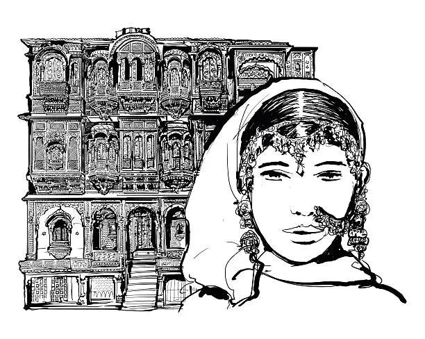 Vector illustration of Facade of old house in Jodhpur, India