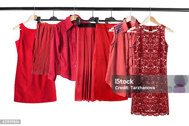 Red Clothes On Clothes Rack Stock Photo - Download Image Now - Women, Locker Room, Red