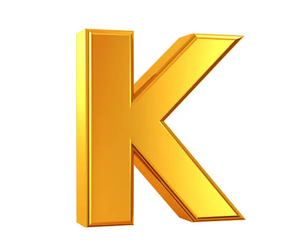 3D rendering of Letter K made of gold isolated on white background.