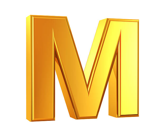 gold lettre m - letter m alphabet three dimensional shape render photos et images de collection