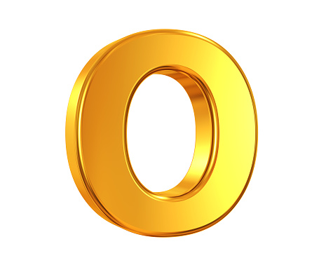 3D rendering of Letter O made of gold isolated on white background.