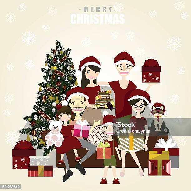 Happy Family Posing For Photo At Christmasvector Illustrator Stock Illustration - Download Image Now