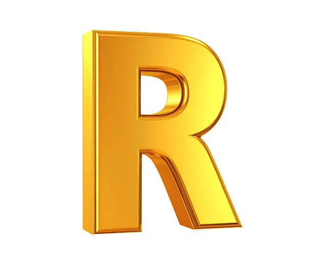 3D rendering of Letter R made of gold isolated on white background.