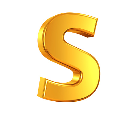 3D rendering of Letter S made of gold isolated on white background.