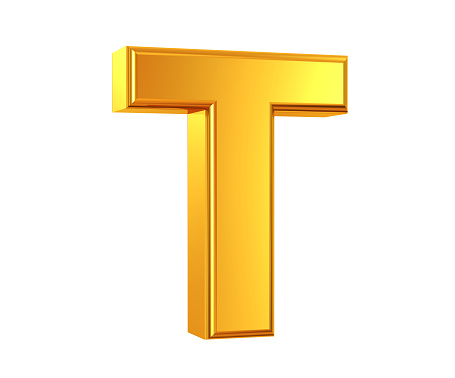 3D rendering of Letter T made of gold isolated on white background.