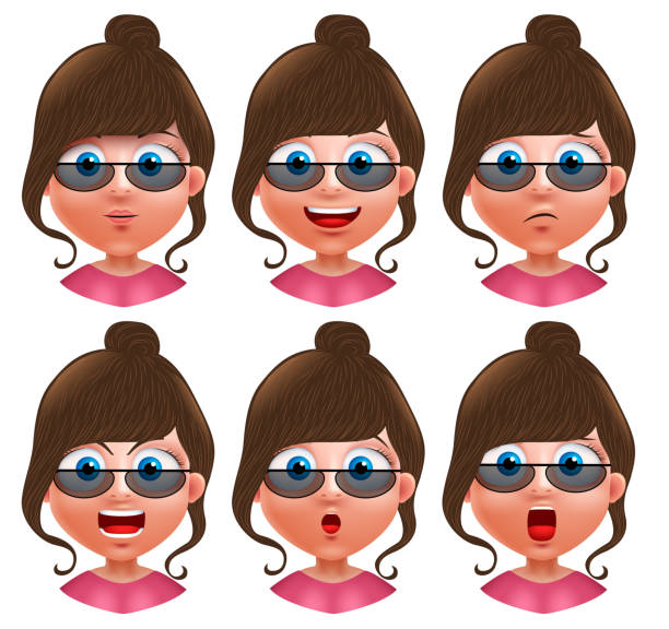 ilustrações de stock, clip art, desenhos animados e ícones de female avatar vector character girl heads with facial expressions - sadness depression smiley face happiness