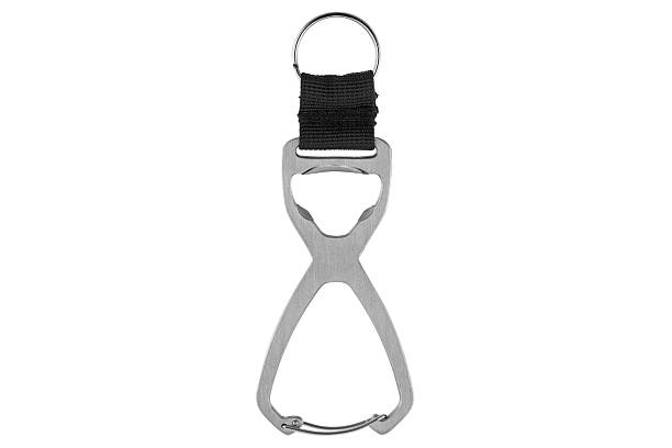 istock Steel carabiner keychain ring with bottle opener isolated on white 621932016