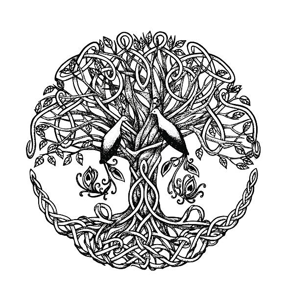 Celtic tree with birds of paradise. Graphic arts, dotwork Celtic tree with birds of paradise. Graphic arts, dotwork, linework celtic knot animals stock illustrations