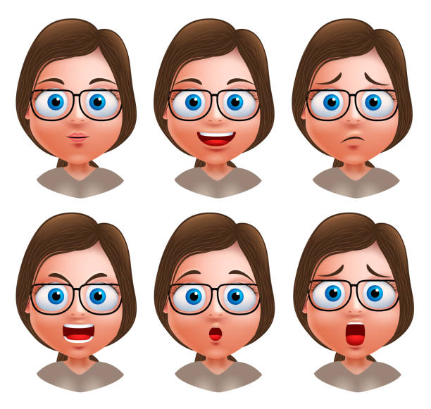 kobieta avatar wektor charakter nerd dziewczyna głowy z mimiką twarzy - characters three dimensional shape people depression stock illustrations