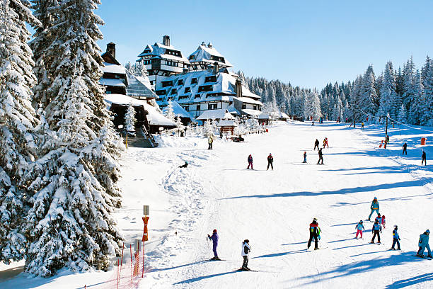 Panorama of ski resort Kopaonik, Serbia, people, houses, restaurants stock photo