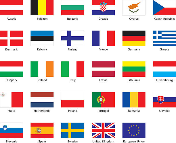 flags of European Union flags of European Union with an aspect ratio of 2:3 with country names. flag stock illustrations