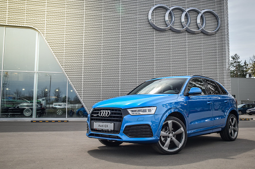 Minsk, Belarus - May 6, 2015: 2015 model year Audi Q3 2.0 TFSI S-line at the test drive in Minsk, Belarus. Audi Q3 SUV is powered by 2.0 liter turbo, which produces 220 hp of power.