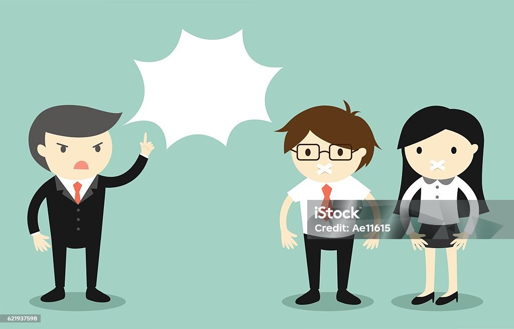 Boss is complaining and business people feeling awkward. Business concept, Boss is complaining and business people feeling awkward with scotch tape over their mouth. Vector illustration. Cartoon stock vector