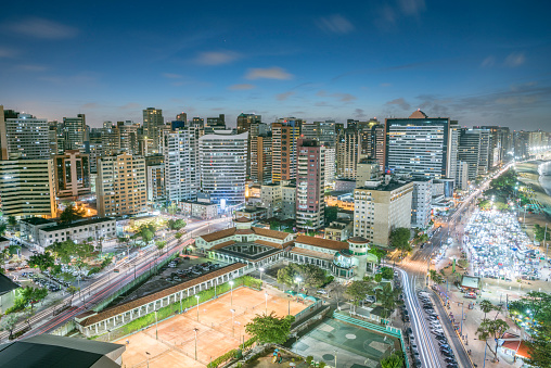 Fortaleza just after sunset. The outdoor sport facilities with Tennis and Basketball Courts, the Night Market by the Beach on the right and the Skyline in back. Nikon D810. Converted from RAW.