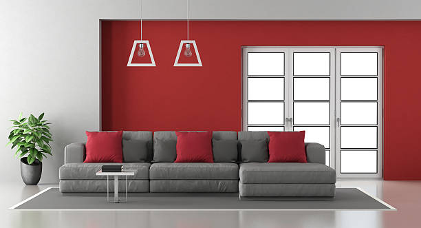 istock Red and gray modern living room 621938914