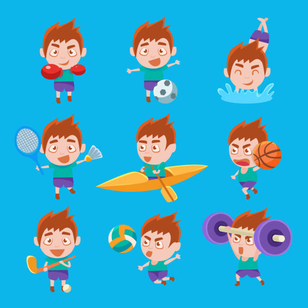 illustrations, cliparts, dessins animés et icônes de enfant sportif faisant différents types de sport ensemble d’illustrations - amateur tennis