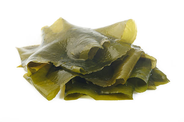 istock Fresh seaweed wakame isolated on white background 621973260