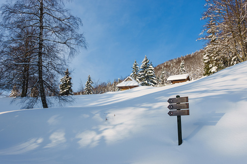 Directional sign showing directions in the winter landscape