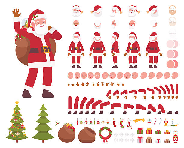 illustrazioni stock, clip art, cartoni animati e icone di tendenza di set di creazione del personaggio di babbo natale - sack santa claus christmas vector