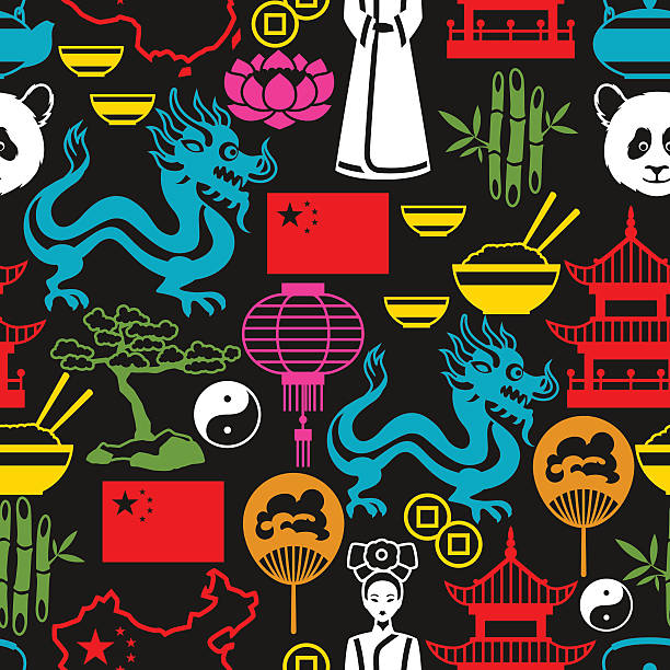 ilustraciones, imágenes clip art, dibujos animados e iconos de stock de patrón sin fisuras de china. símbolos y objetos chinos - asian culture dragon textile symbol