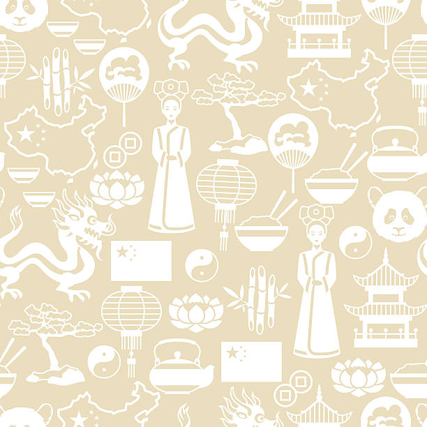 ilustraciones, imágenes clip art, dibujos animados e iconos de stock de patrón sin fisuras de china. símbolos y objetos chinos - asian culture dragon textile symbol