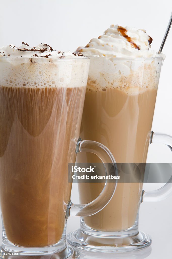 different coffee types in long glasses delicious coffee cocktails on white background.  Alcohol - Drink Stock Photo