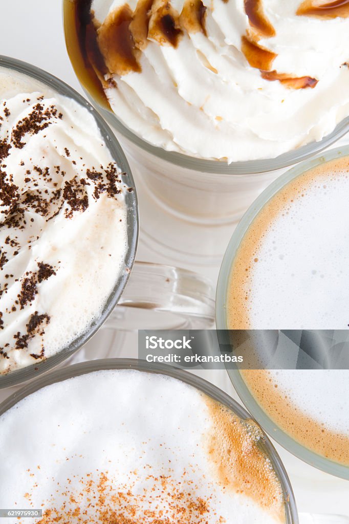 different coffee types on white background delicious coffee types top view.  Irish Coffee Stock Photo