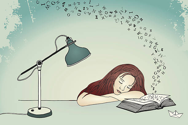 Drawing of a young woman asleep at her desk Hand drawn illustration of a young girl exhausted from learning bored teen stock illustrations