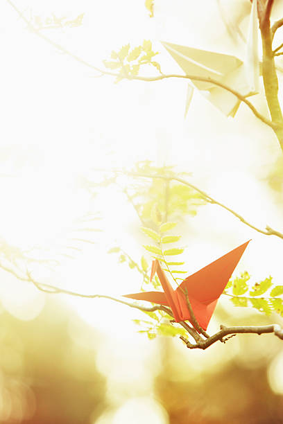 istock Red and white origami cranes on a tree 621978092