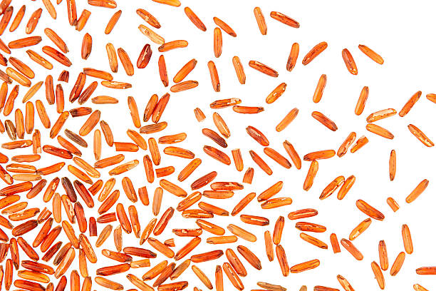 Red rice close-up on white background. Red rice close-up on white background. Pattern wild brown unpolished rice for vegetarians. genmai stock pictures, royalty-free photos & images